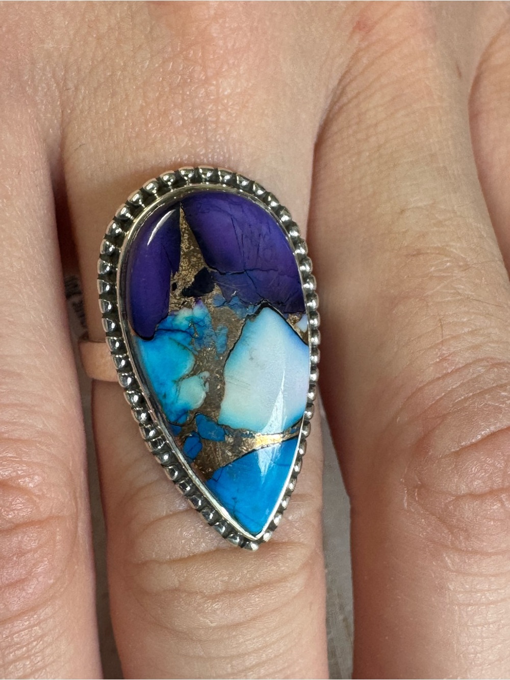 Purple Blue Turquoise Dahlia Sterling Silver Teardrop Statement Ring - Size 7
